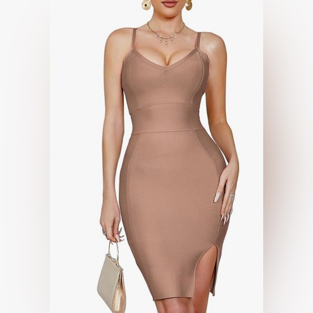 Bandage Bodycon V Neck and Slit Midi Dress
